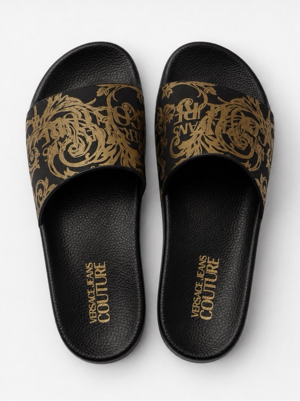 Versace Jeans Collection Black and Gold Baroque Slide Sandals